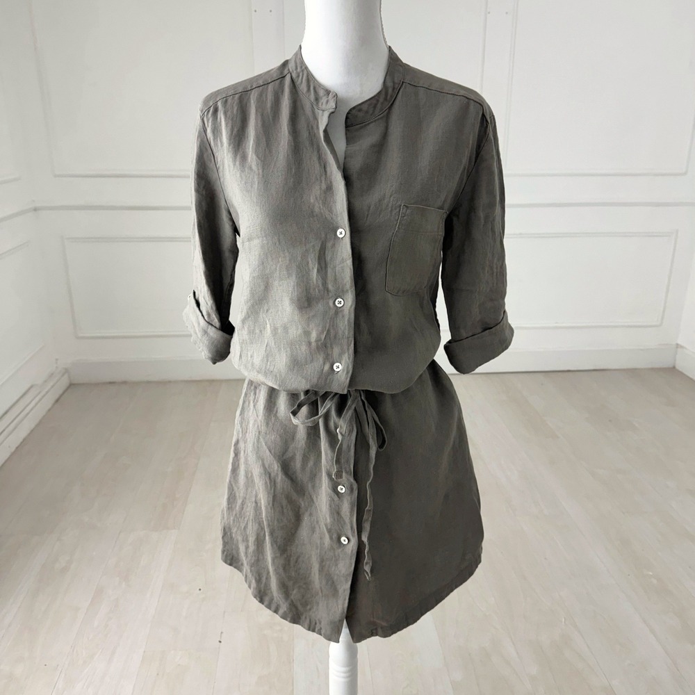 James Perse Shirt Dress Womens 2 Ghost Grey Linen Drawstring Waist Buttons NWT